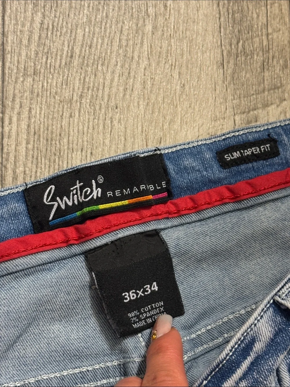 Men's Light Blue Skinny Distressed Jeans with Red Paint Detail - Picture 4 of 7